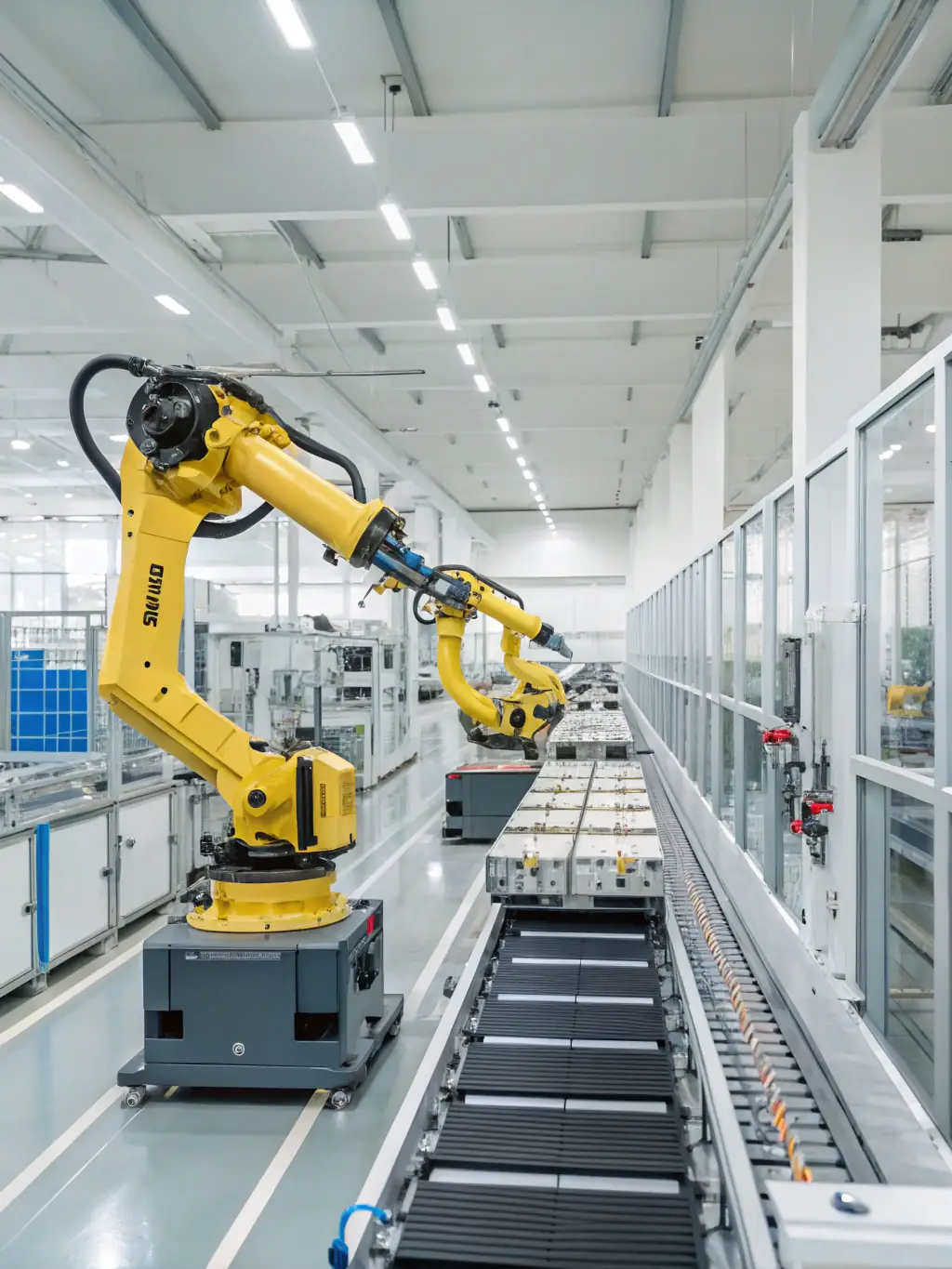 A wide shot of a modern factory floor with modular assembly lines, showcasing Modularequity's interest in industrial modular systems.