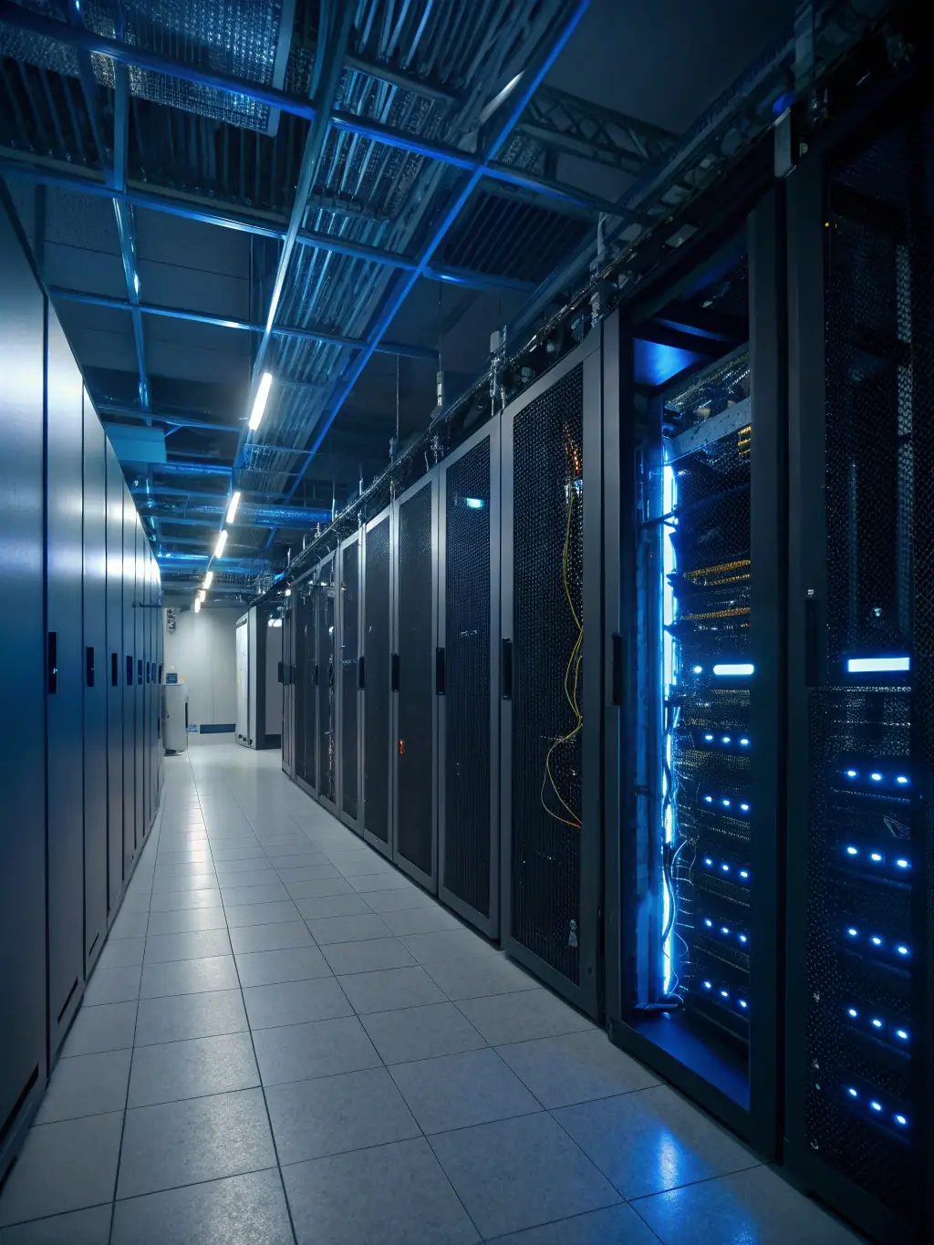 A high-angle shot of a modern data center, focusing on the server racks and cooling systems, symbolizing Modularequity's investment in technology infrastructure.