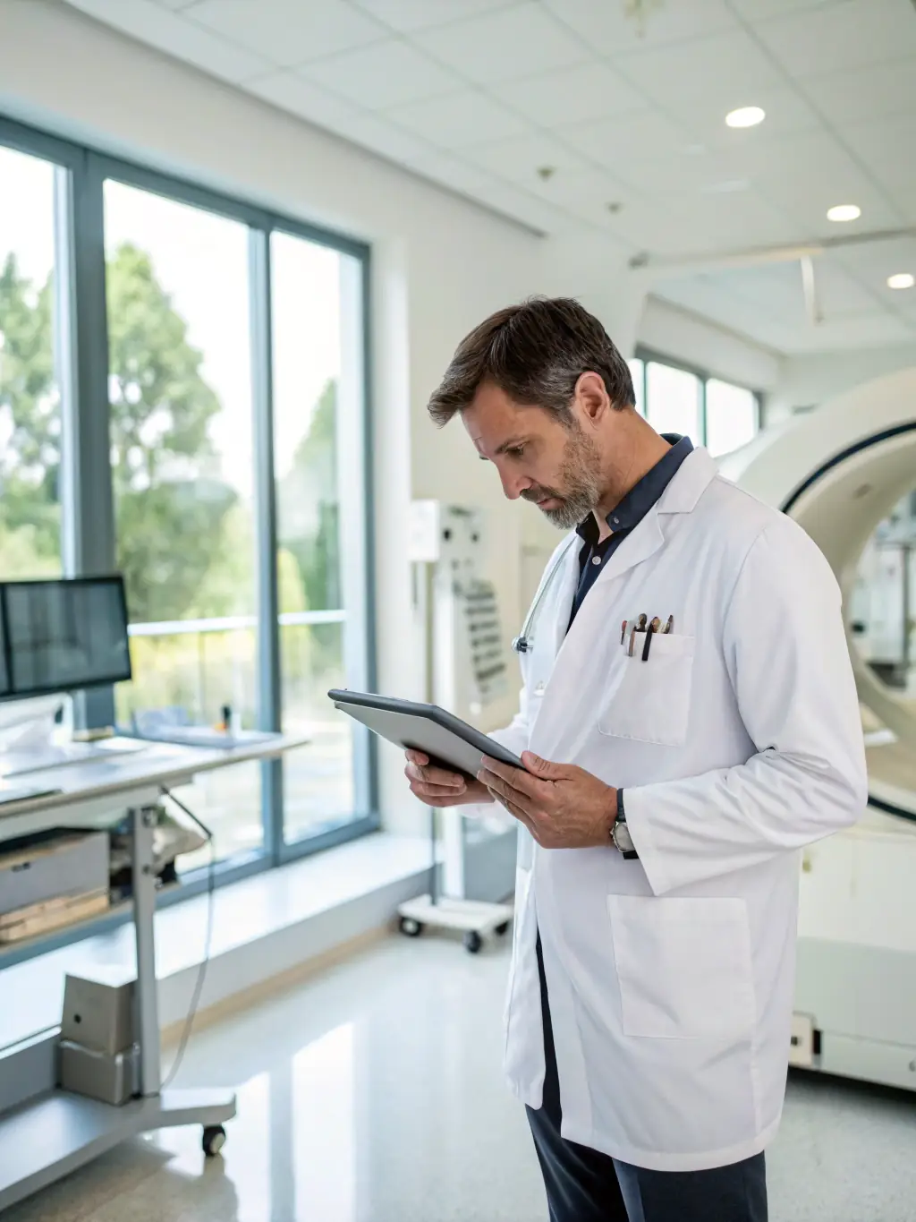 A doctor using a tablet to review patient data in a modern, well-lit clinic, representing Modularequity's focus on healthcare technology.